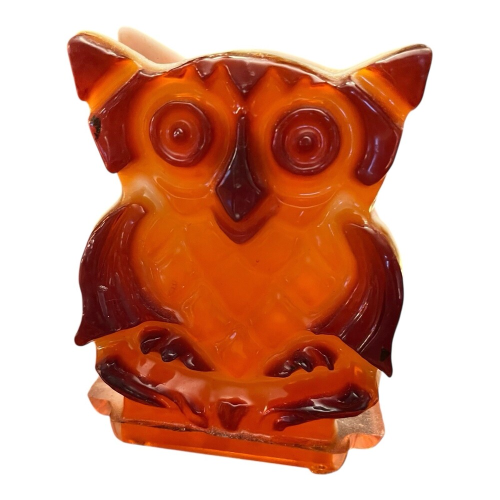 VTG Resin Lucite Hoot Owl Napkin Holder Amber Slag Acrylic MCM 5" Gamut Designs